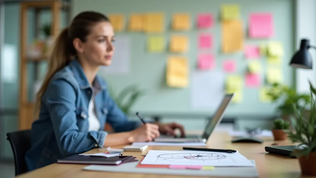 Darbinieks plānošanas sesijā ar piezīmju kartītēm un laika pārvaldības rīkiem